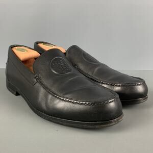 HERMES Size 9.5 H Crest Black Leather Slip On Loafers